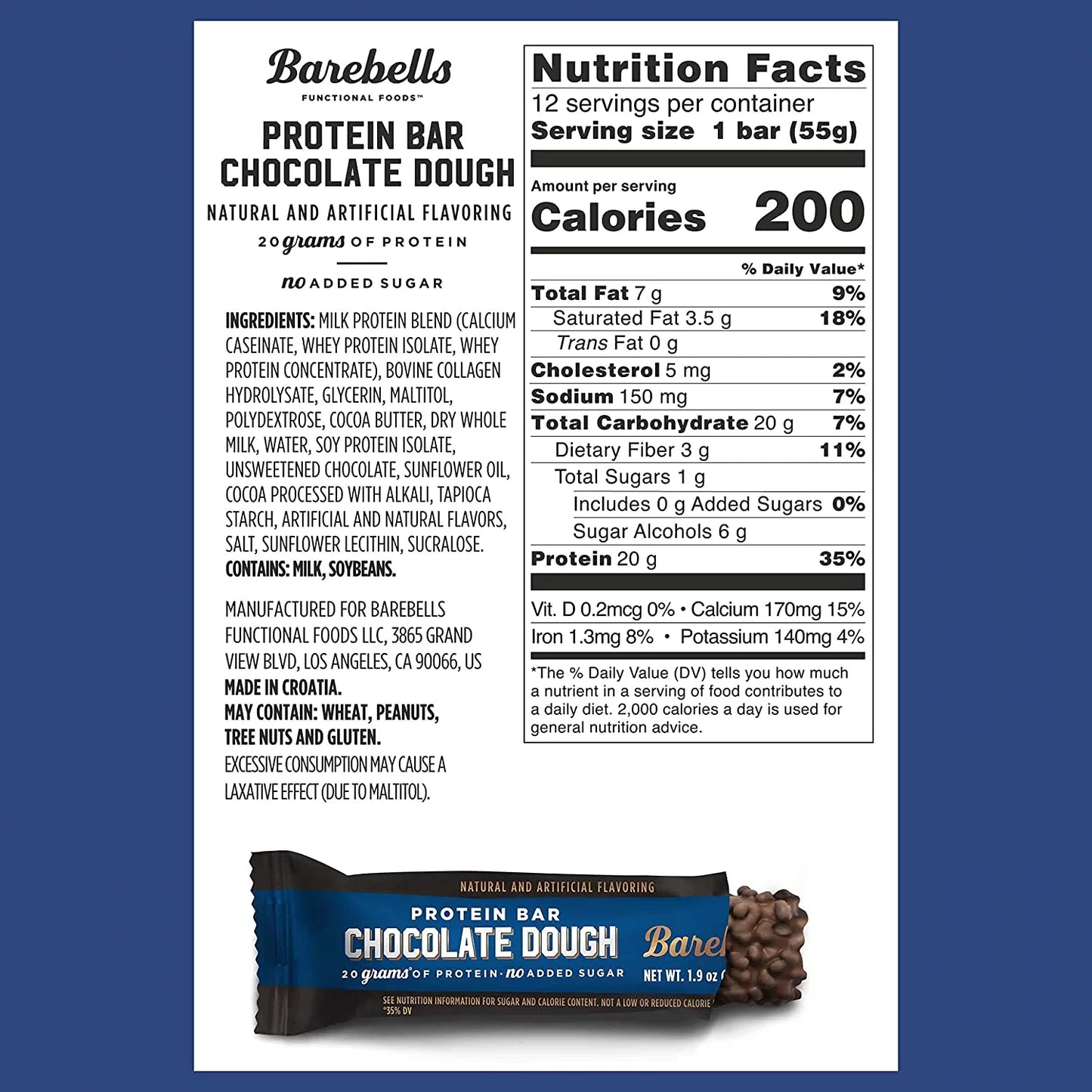 Protein Bars with 20G High Protein, 1.9Oz Bars, Chocolate Dough - 12 Count