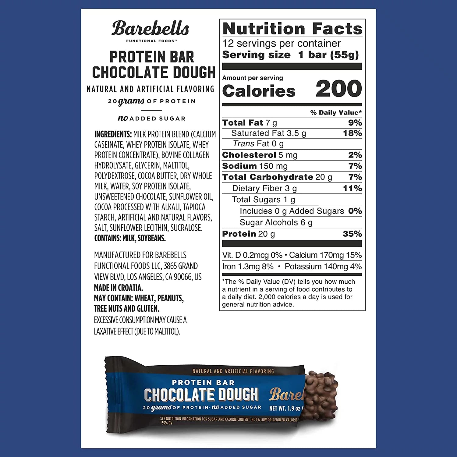 Protein Bars with 20G High Protein, 1.9Oz Bars, Chocolate Dough - 12 Count